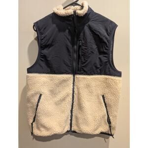 J Crew Jeans Mens Blue Nylon White Sherpa Fleece Full Zip Vest Size Medium